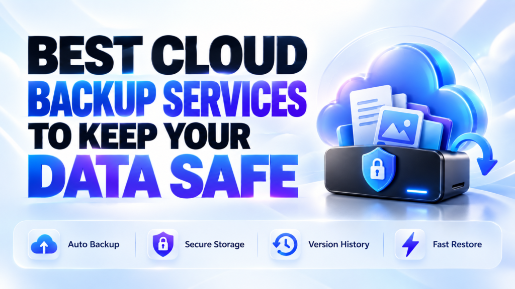Hero image titled “Best Cloud Backup Services to Keep Your Data Safe” showing cloud backup storage with folders, documents, photo files, a security shield, and restore arrow representing automatic backup, secure storage, version history, and fast file recovery.