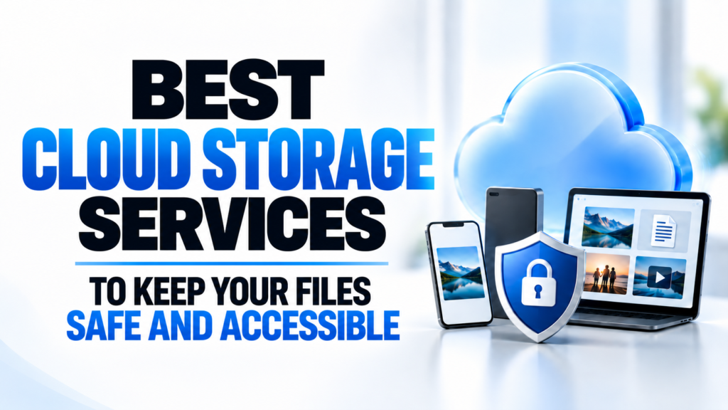 Hero image titled “Best Cloud Storage Services to Keep Your Files Safe and Accessible” showing a cloud, phone, external drive, laptop, file previews, and security shield representing safe online storage and access across devices.