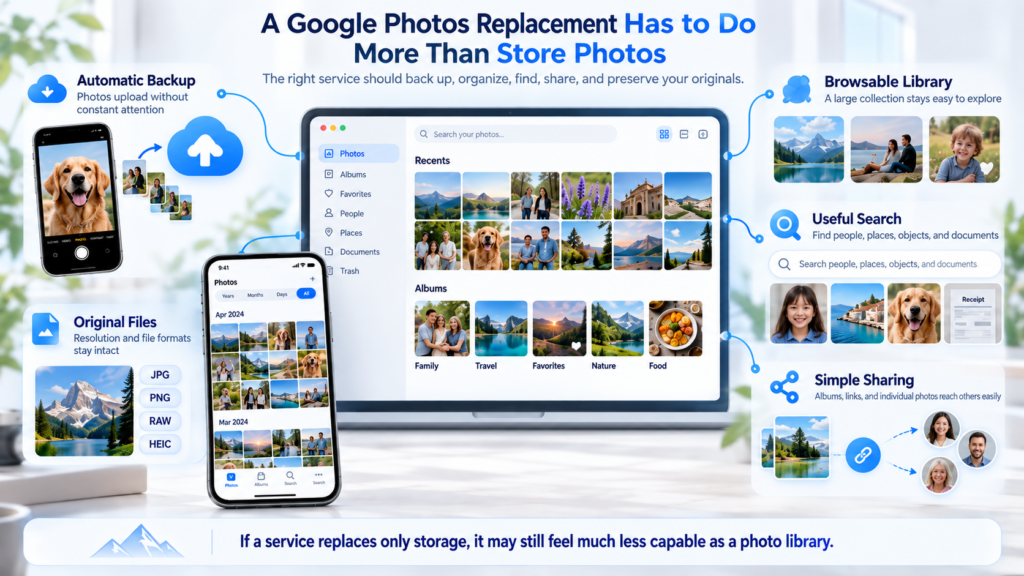 Infographic titled “A Google Photos Replacement Has to Do More Than Store Photos” showing photo backup, original file formats, searchable albums, browsable library previews, and simple sharing features across phone and desktop screens.