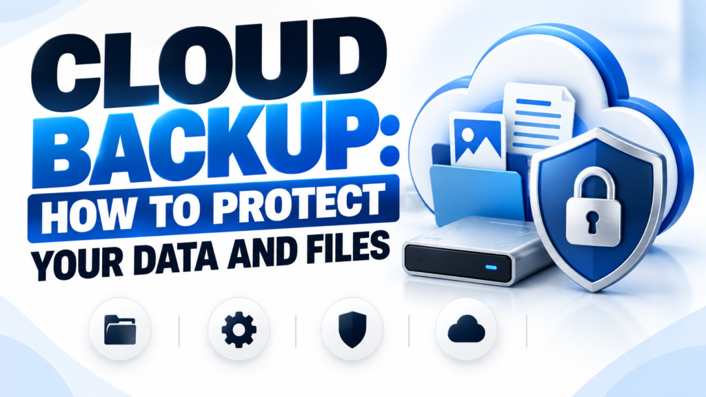 Hero image titled “Cloud Backup. How to Protect Your Data and Files” showing a cloud, file folder, documents, backup drive, and security shield representing protected data storage and recoverable file backups.