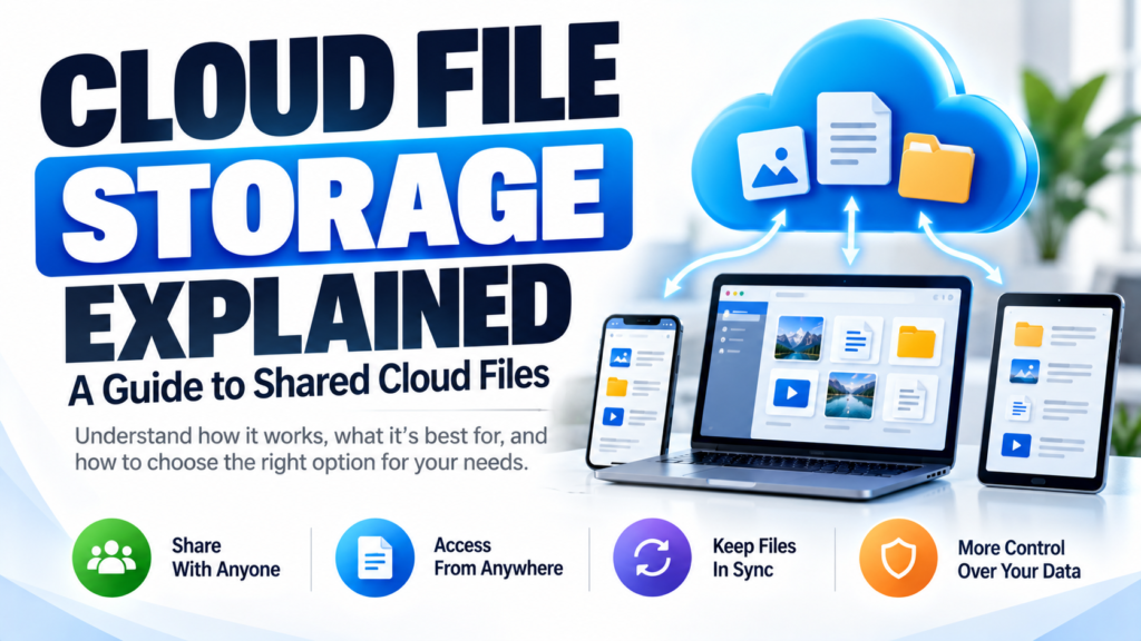 Hero image titled “Cloud File Storage Explained. A Guide to Shared Cloud Files” showing a cloud with documents, images, and folders connected to a phone, laptop, and tablet, with icons for sharing, anywhere access, file syncing, and data control.