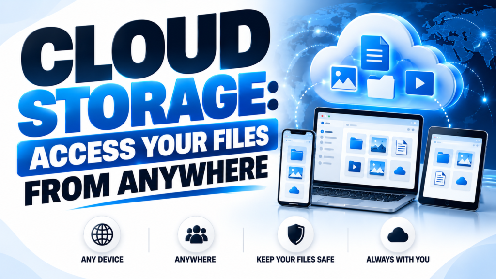 Hero image titled “Cloud Storage. Access Your Files From Anywhere” showing files stored in the cloud and accessible across a laptop, phone, and tablet, with icons for any device, anywhere access, file safety, and always available storage.