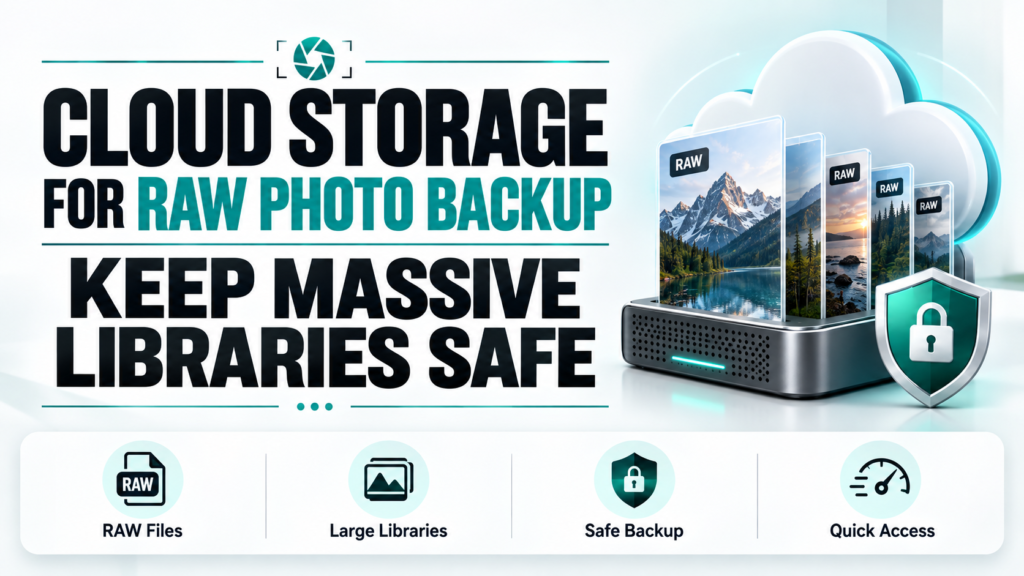 Hero image titled “Cloud Storage for RAW Photo Backup. Keep Massive Libraries Safe” showing RAW photo files stored with a cloud, backup drive, and security shield to represent safe storage for large photography libraries.