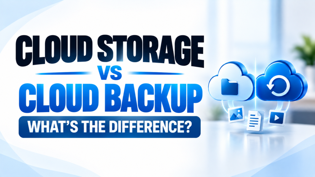 Hero image titled “Cloud Storage vs Cloud Backup. What’s the Difference?” showing two cloud icons, file symbols for photos, documents, and videos, and a visual comparison between cloud storage access and cloud backup protection.