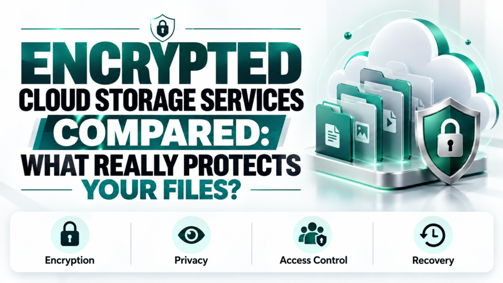 Hero image titled “Encrypted Cloud Storage Services Compared. What Really Protects Your Files?” showing encrypted cloud folders, file icons, and a security shield representing privacy, access control, encryption, and recovery.