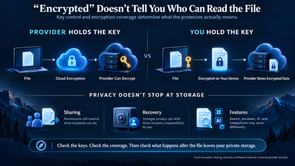 Infographic titled “Encrypted Doesn’t Tell You Who Can Read the File” comparing provider-held encryption keys with user-held encryption keys, showing cloud encryption, encrypted files, provider storage, sharing, recovery, and feature tradeoffs.