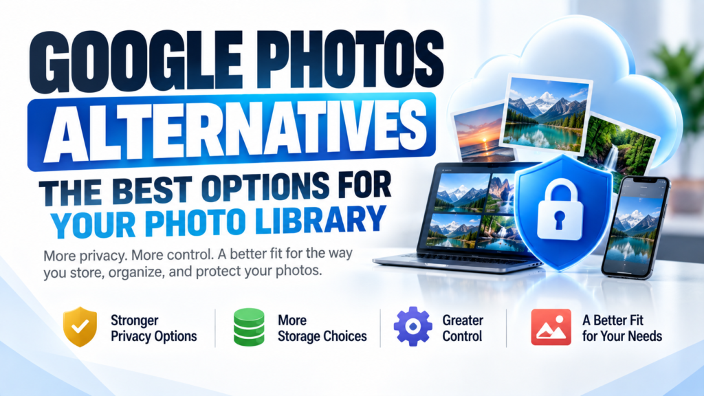 Hero image titled “Google Photos Alternatives. The Best Options for Your Photo Library” showing cloud photo storage, image previews, a laptop, phone, and security shield representing stronger privacy, more storage choices, greater control, and better photo library management.