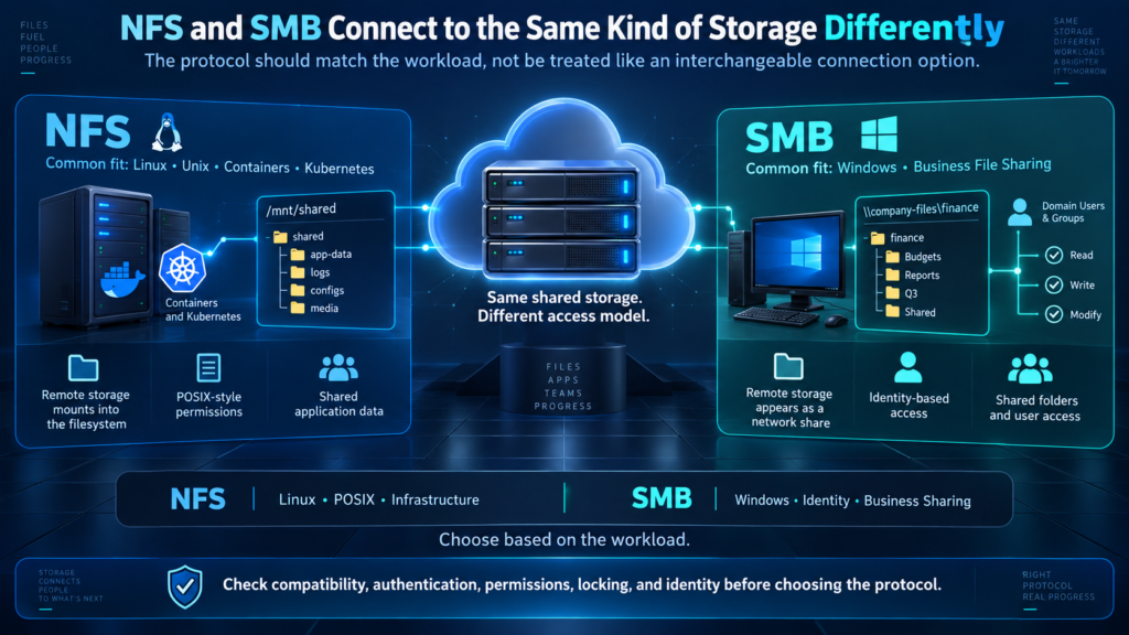 Infographic titled “NFS and SMB Connect to the Same Kind of Storage Differently” comparing NFS for Linux, Unix, containers, Kubernetes, and POSIX-style permissions with SMB for Windows, business file sharing, identity-based access, and shared folders.