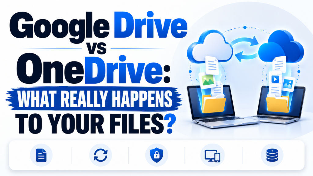 Hero image titled “Google Drive vs OneDrive: What Really Happens to Your Files?” showing two laptops connected to cloud storage icons with documents, photos, videos, and folders, alongside symbols representing file syncing, security, device access, and storage management.