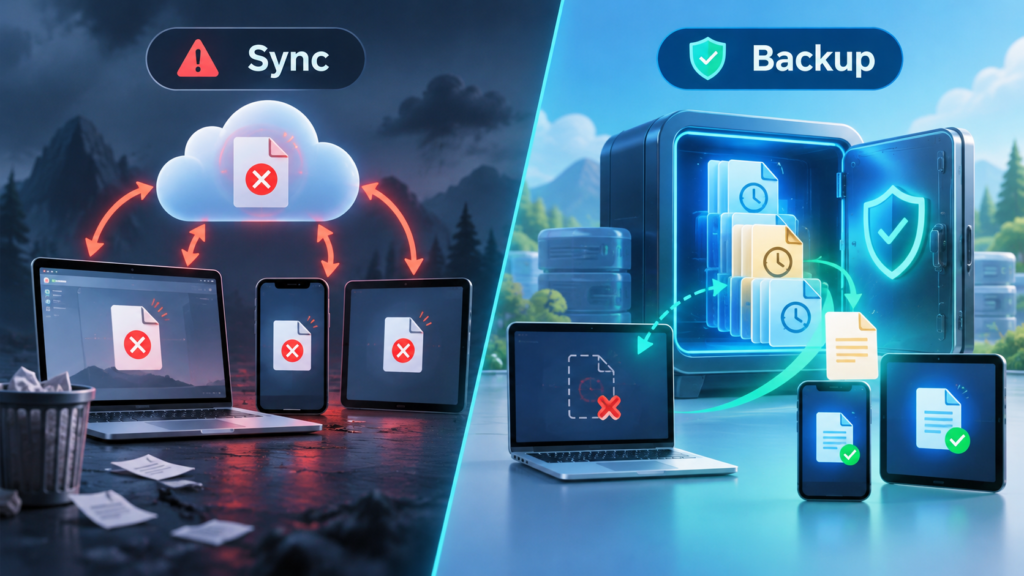 Split-screen infographic comparing cloud sync and cloud backup, showing deleted files syncing across a laptop, phone, and tablet on one side, and a protected backup vault with historical file versions and recovery options on the other.